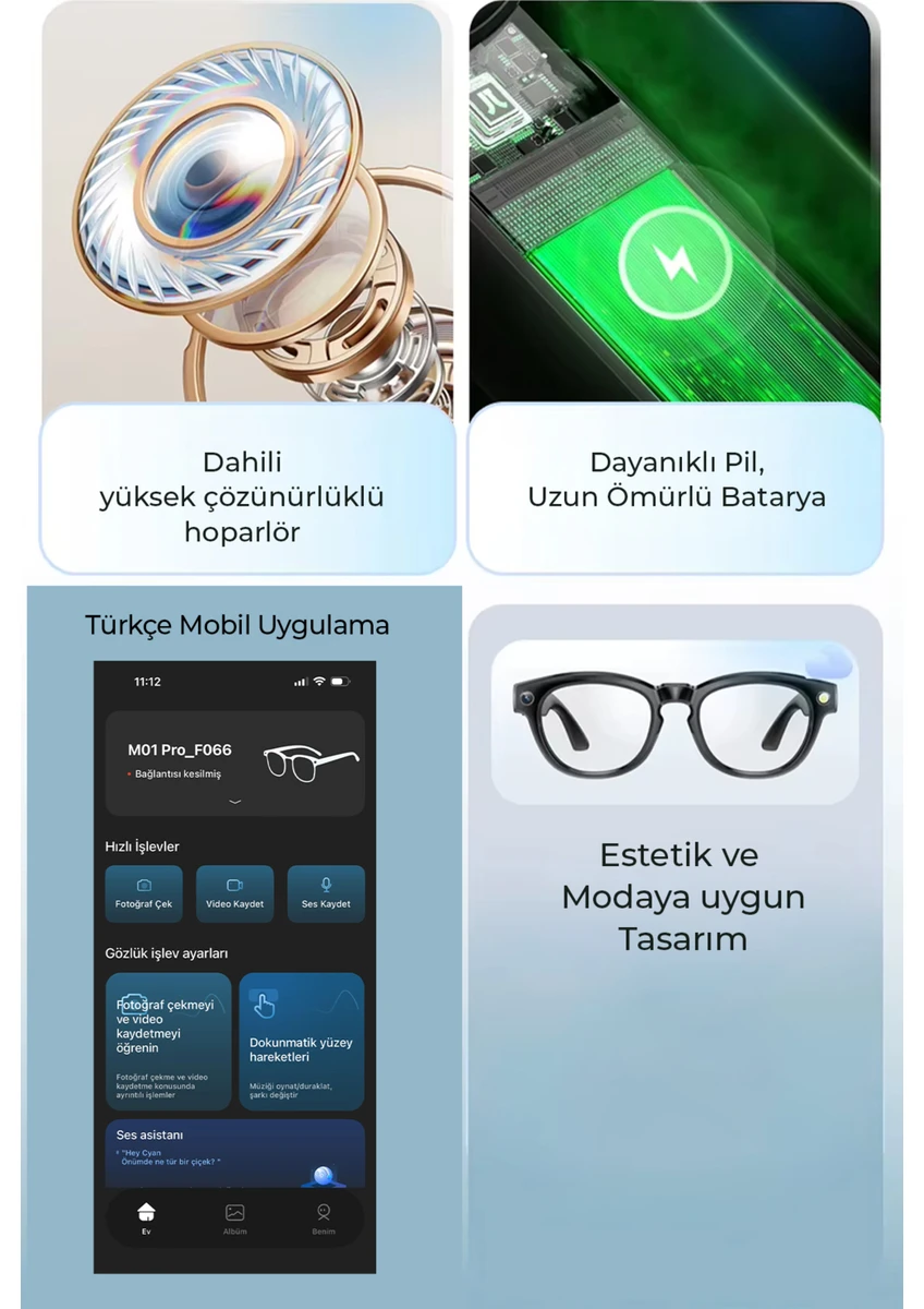 Robo R1 PRO Akıllı Gözlük Kameralı Yapay zeka,Müzik dinleme,telefon ile konuşma bluetooth
